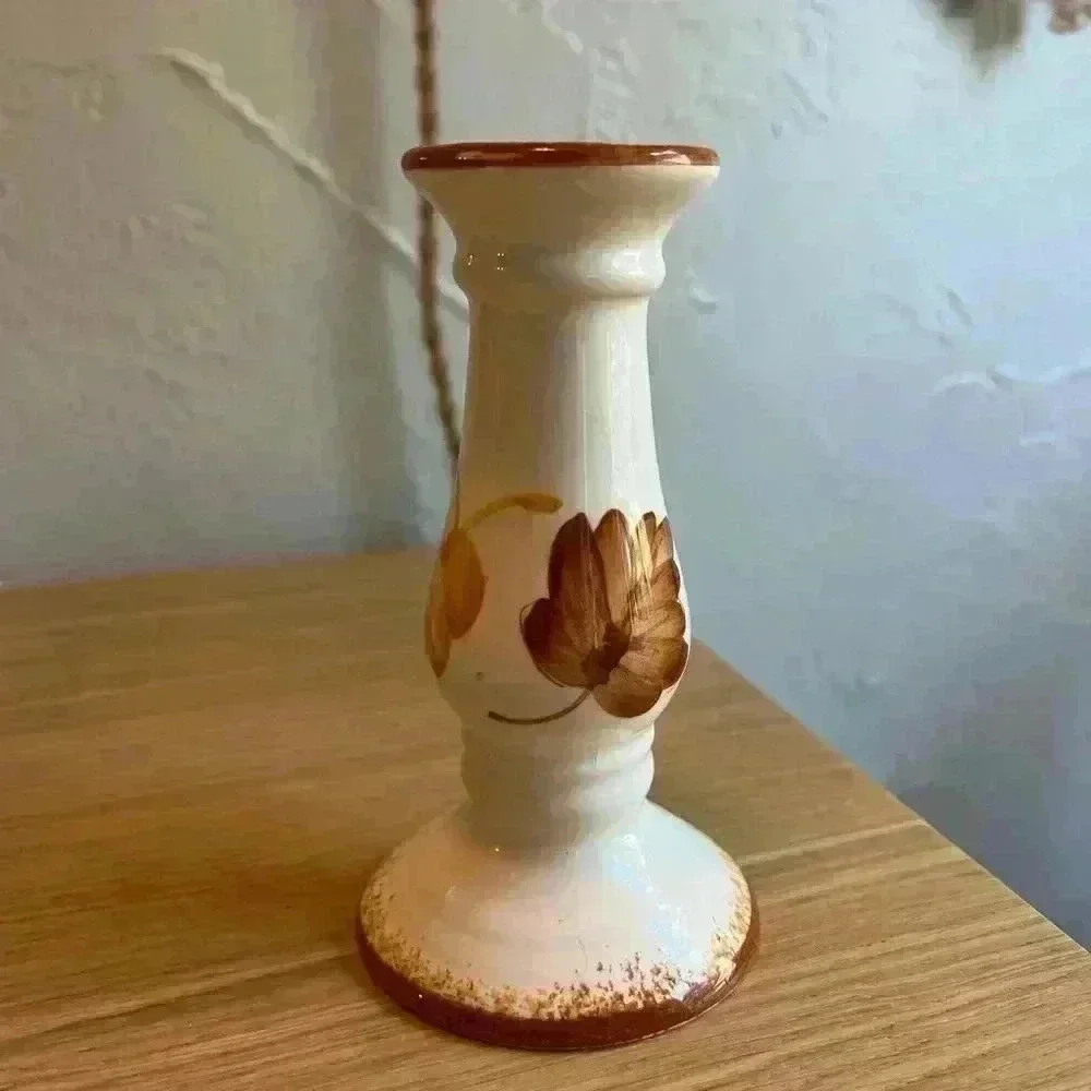 Vintage Ceramic Fall Candlestick Holder Forest leaves woodsy cottagecore boho 6“